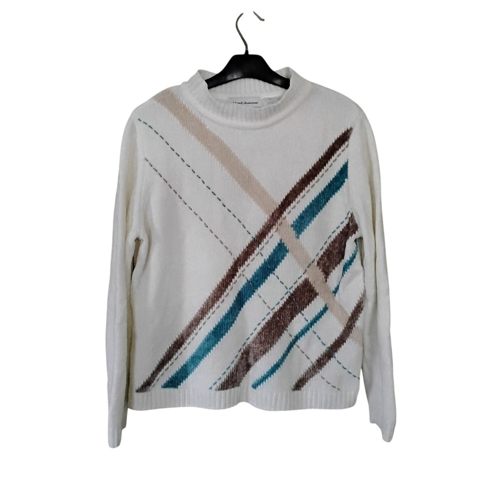 Alfred Dunner Petite White Sweater Mock Neck Diagonal Plaid Knit Top PL